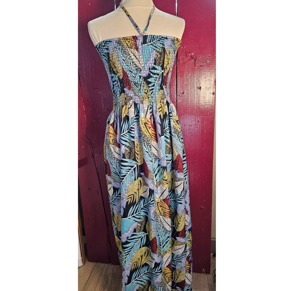 Gypsie Blu Tropical Palm Leaf Smocked Halter Maxi Dress Multicolor Womens